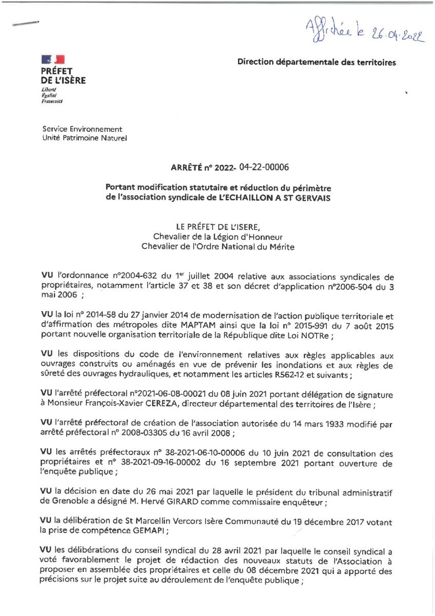 Image ARRETE PREFECTORAL N° 2022-04-22-00006 PORTANT MODIFICATION STATUTAIRE ET REDUCTION DE PERIMETRE DE L’AS DE L’ECHAILLON A ST GERVAIS