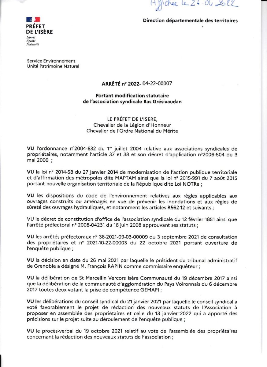 Image ARRETE PREFECTORAL N° 2022-04-22-00007 PORTANT MODIFICATION STATUTAIRE DE L’AS BAS GRESIVAUDAN