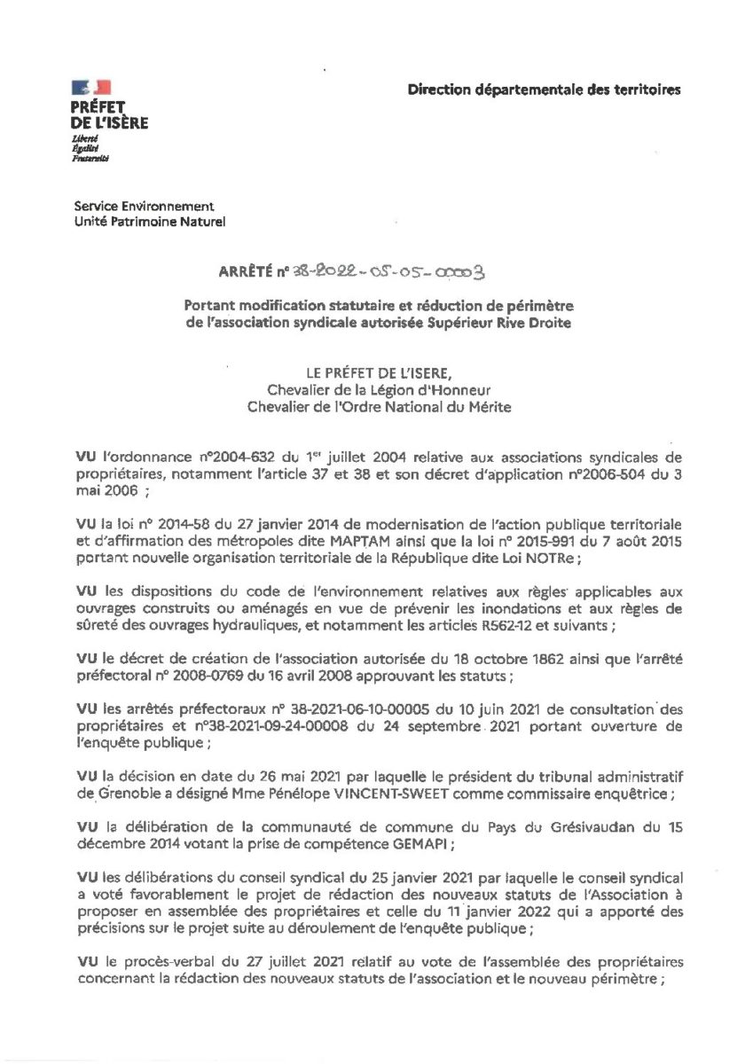 Image ARRETE PREFECTORAL N° 38-2022-05-05-00003 PORTANT MODIFICATION STATUTAIRE ET REDUCTION DE PERIMETRE DE L’AS SUPERIEUR RIVE DROITE