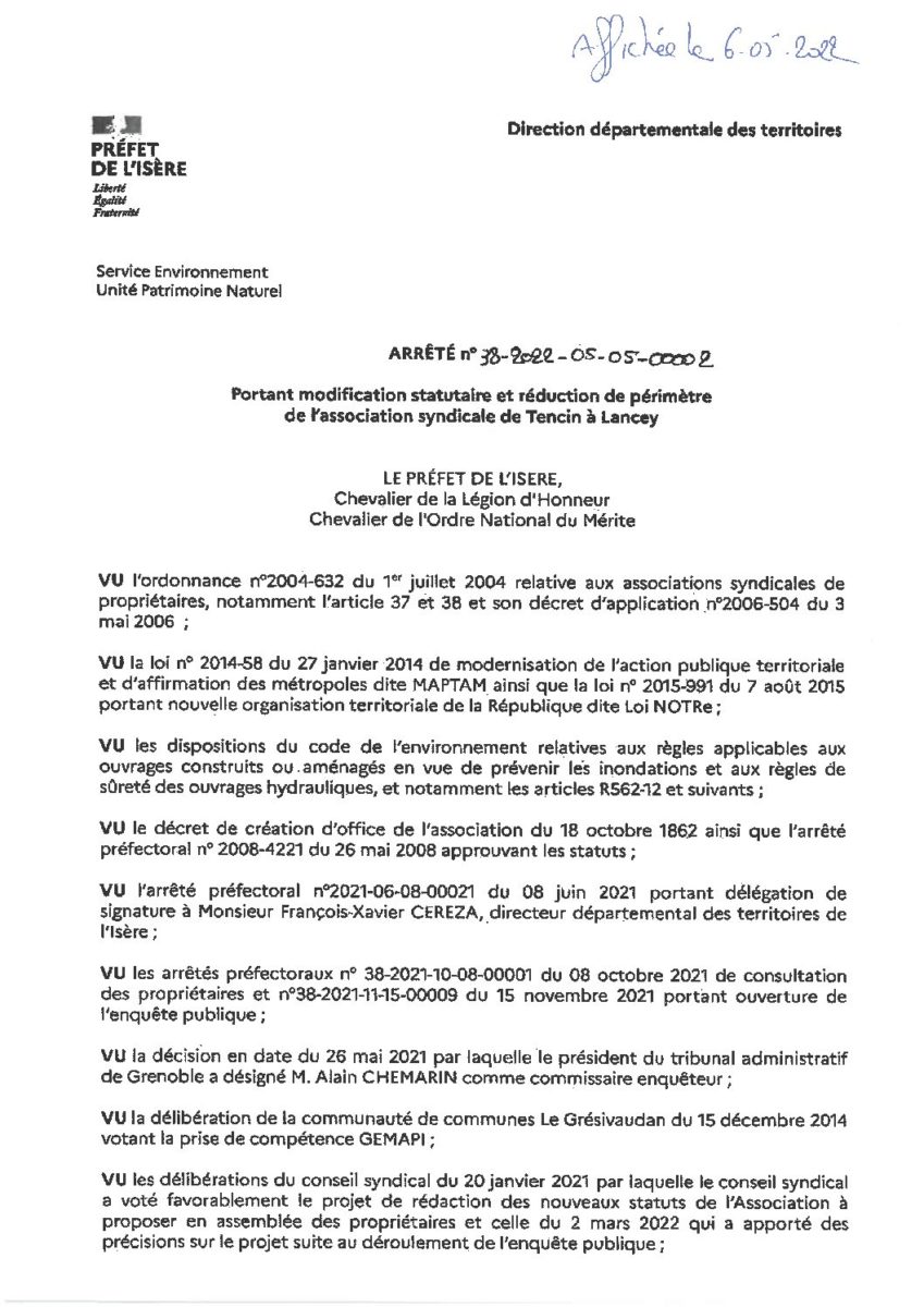 ARRETE PREFECTORAL N° 38-2022-05-05-00002 PORTANT MODIFICATION STATUTAIRE ET REDUCTION DE PERIMETRE DE L’AS DE TENCIN A LANCEY