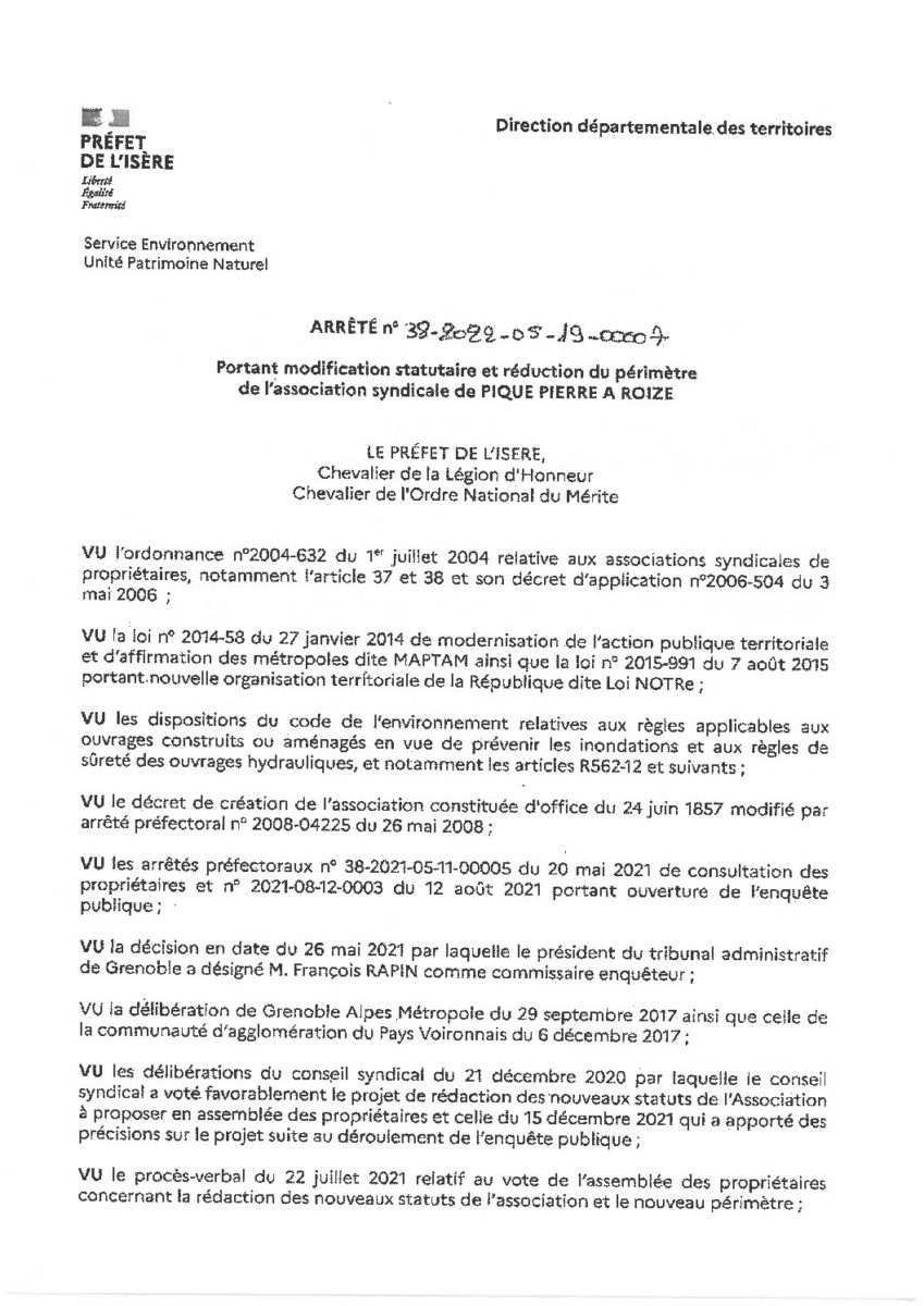 Image ARRETE PREFECTORAL N° 38-2022-05-19-00007 PORTANT MODIFICATION STATUTAIRE ET REDUCTION DE PERIMETRE DE L’AS DE PIQUE-PIERRE A ROIZE