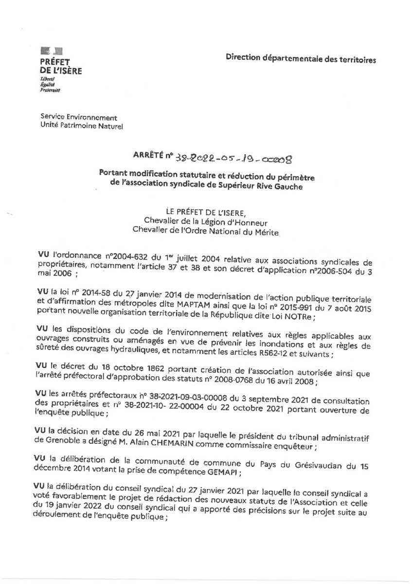 ARRETE PREFECTORAL N° 38-2022-05-19-00008 PORTANT MODIFICATION STATUTAIRE ET REDUCTION DE PERIMETRE DE L’AS DE SUPERIEUR RIVE GAUCHE