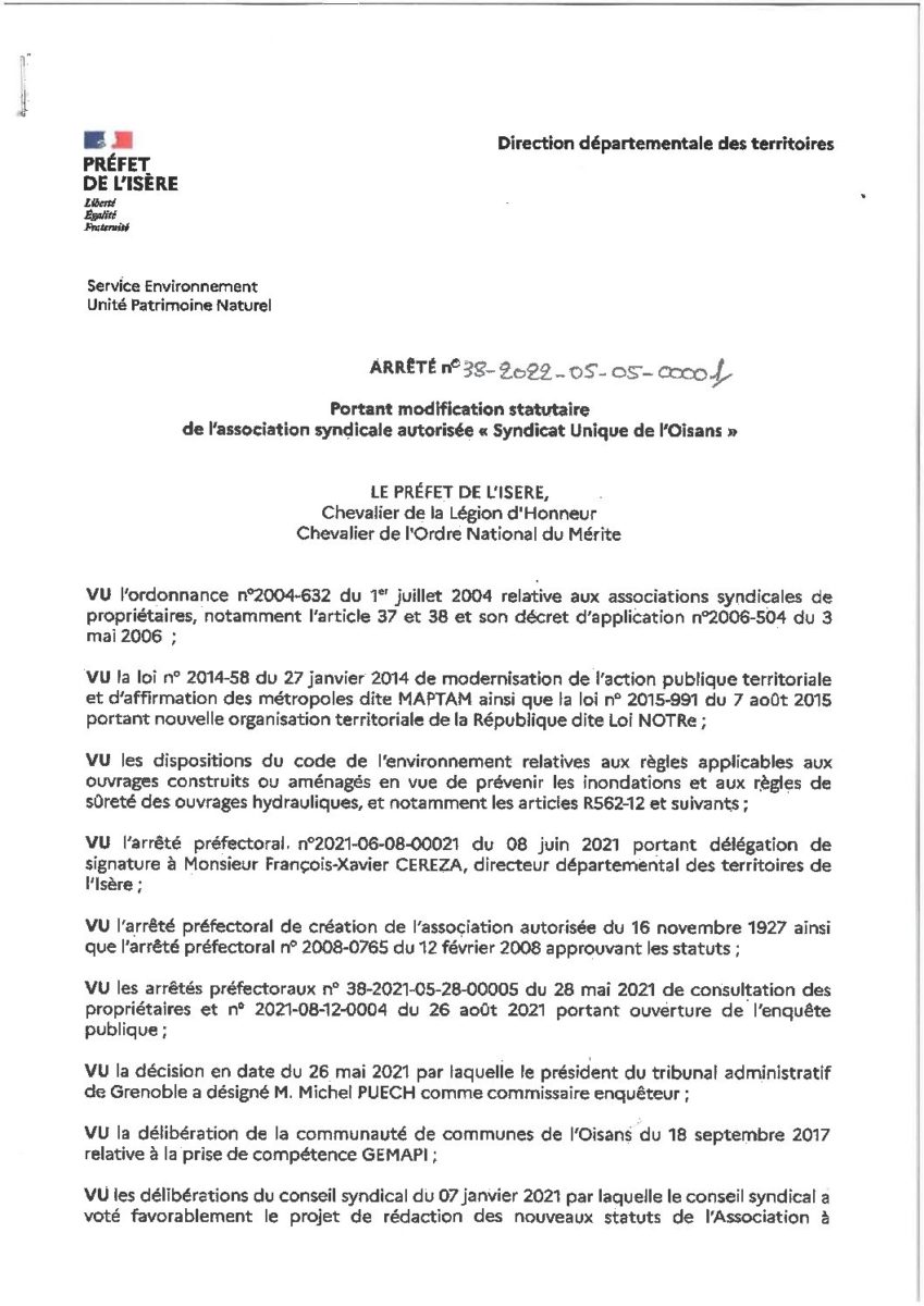 ARRETE PREFECTORAL N°38-2022-05-05-00001 PORTANT MODIFICATION STATUTAIRE DU SYNDICAT UNIQUE DE L’OISANS