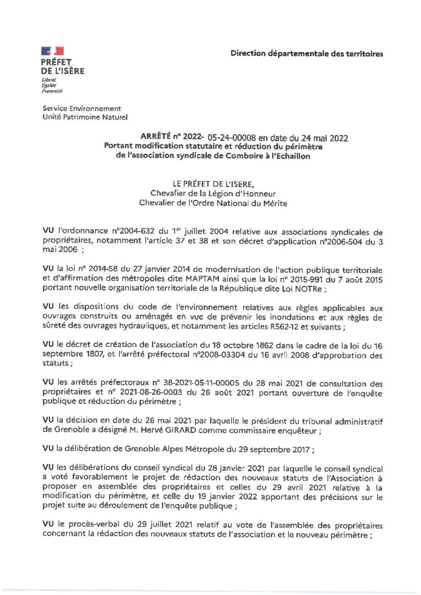 Image ARRETE PREFECTORAL N° 2022-05-24-00008 PORTANT MODIFICATION STATUTAIRE ET REDUCTION DE PERIMETRE DE L’AS DE COMBOIRE A L’ECHAILLON