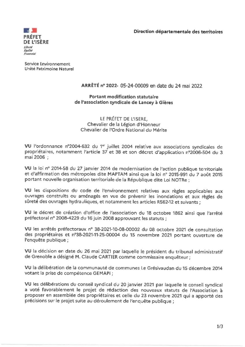 ARRETE PREFECTORAL N° 2022-05-24-00009 PORTANT MODIFICATION STATUTAIRE DE L’AS DE LANCEY A GIERES