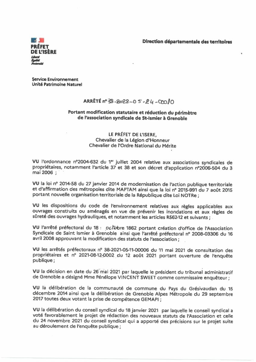 ARRETE PREFECTORAL N° 38-2022-05-24-00010 PORTANT MODIFICATION STATUTAIRE ET REDUCTION DE PERIMETRE DE L’AS DE ST-ISMIER A GRENOBLE