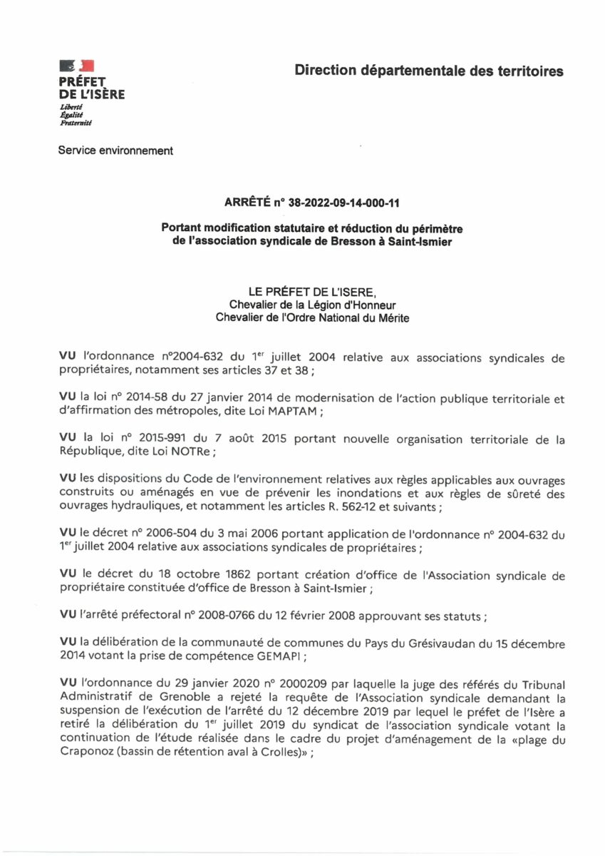 Image ARRETE PREFECTORAL N° 38-2022-09-14-000-11 PORTANT MODIFICATION STATUTAIRE ET REDUCTION DE PERIMETRE DE L’AS DE BRESSON A ST ISMIER