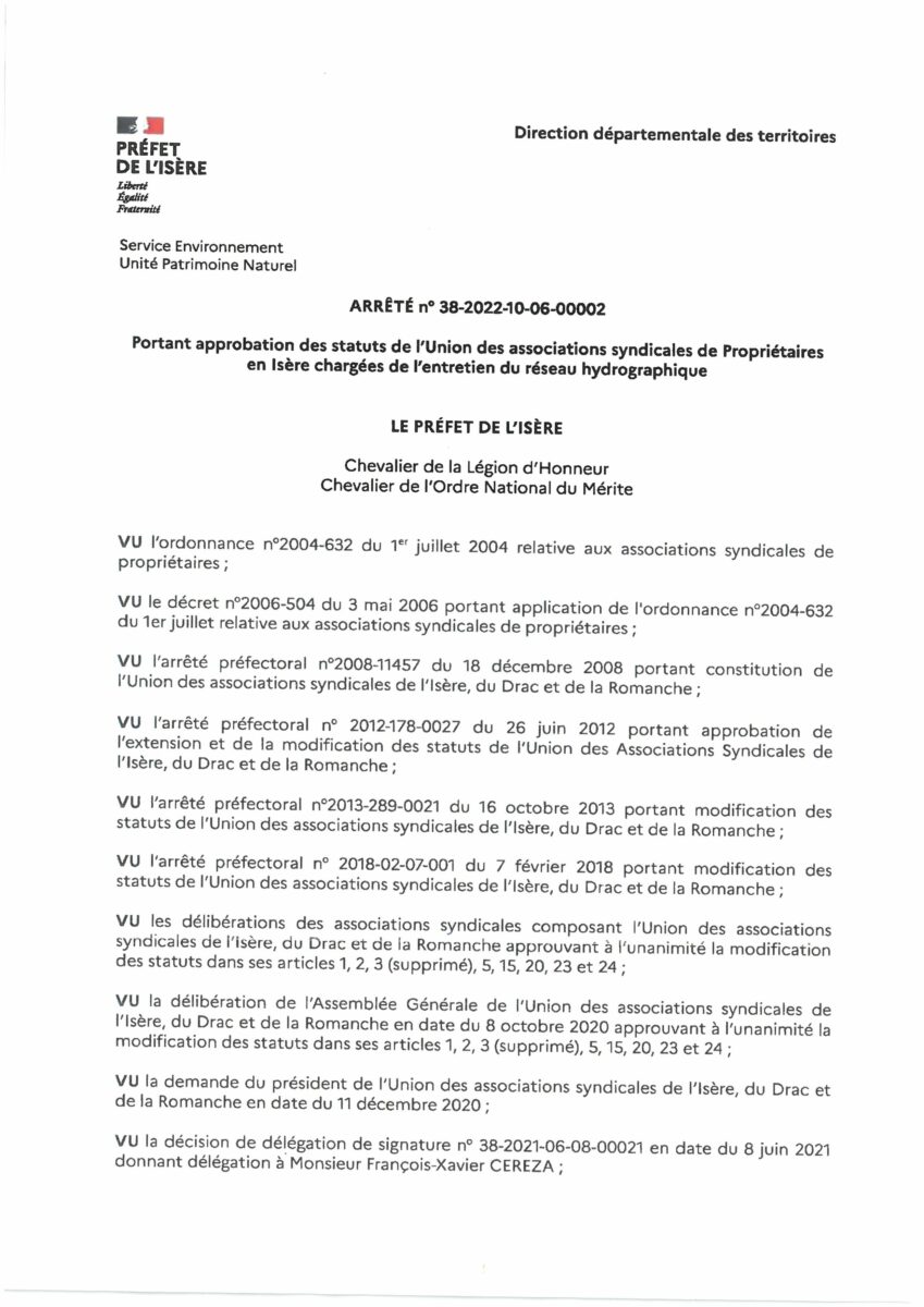 Image ARRETE PREFECTORAL PORTANT APPROBATION DES STATUTS DE L’UNION